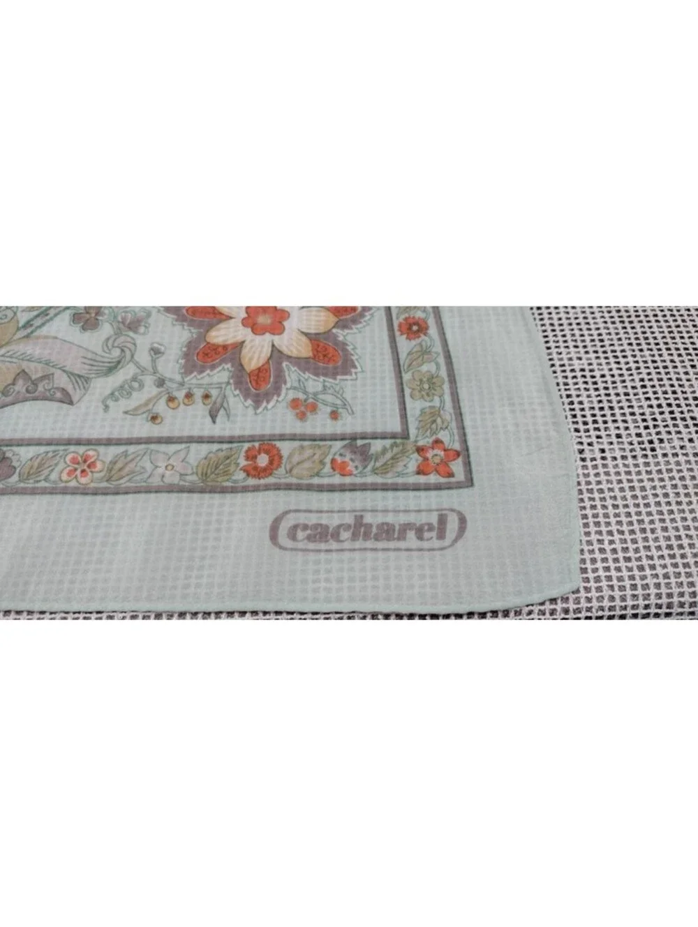 Vintage Cacharel Silk Rayon Scarf Bohemian Style Border Floral Mint Green Gray